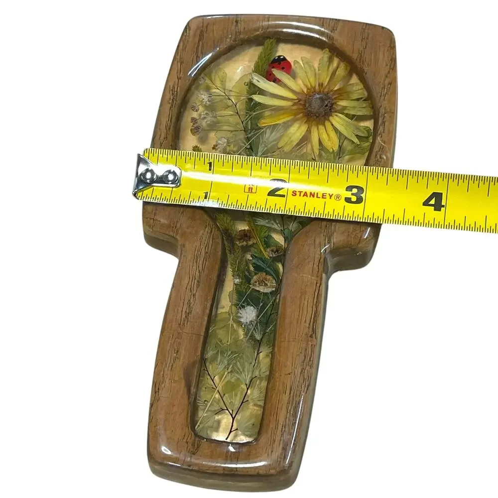 Vintage Lucite Style Pressed Flower Spoon Rest Ladybug Faux Wood Handmade